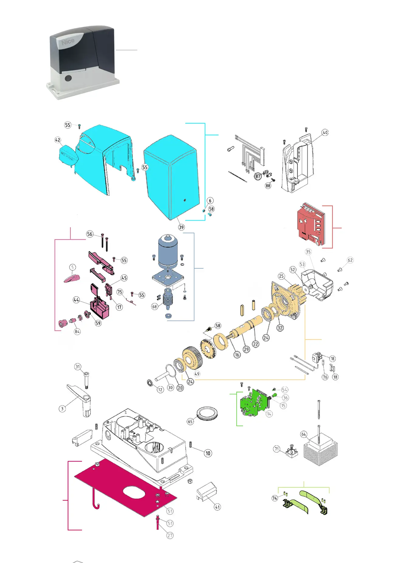 Ανταλλακτικά Nice ROAD (Basic Kit) - Μοτερ Συρόμενης Γκαραζόπορτας έως 500kg - Exploded diagram