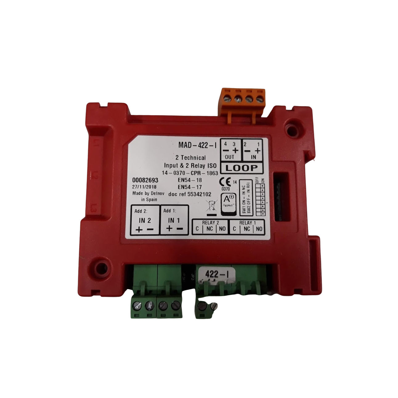 MAD-422-I Διευθυνσιοδοτούμενο Module με Isolator. Ελέγχει 2 Εξόδους Nc/Co. Δίνει feedback σε technical Alarm από 2 Εισόδους