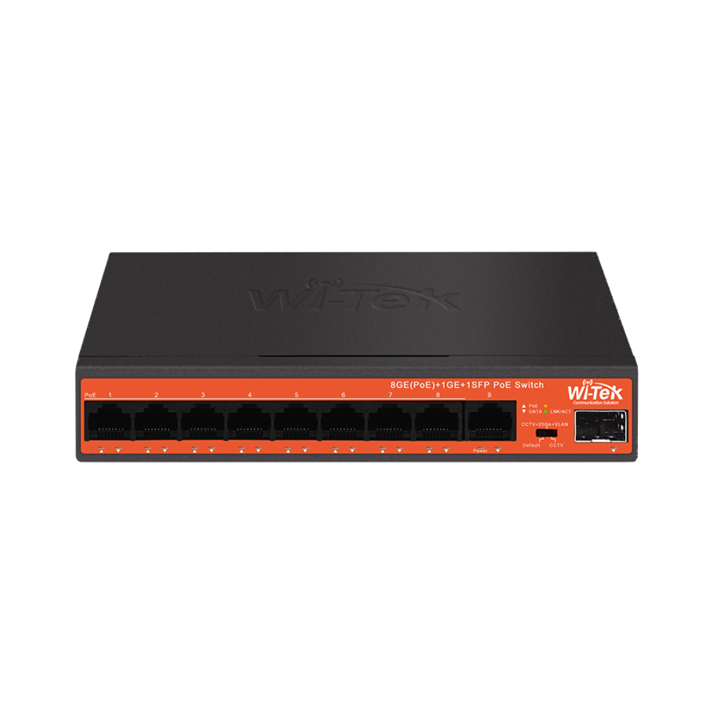 WI-TEK - WI-PS309GFH Gigabit Switch με 8 θύρες PoE (250 μέτρα), 1 θύρα uplink και 1 θύρα SFP. Λειτουργία VLAN. Τροφοδοσία 60W.