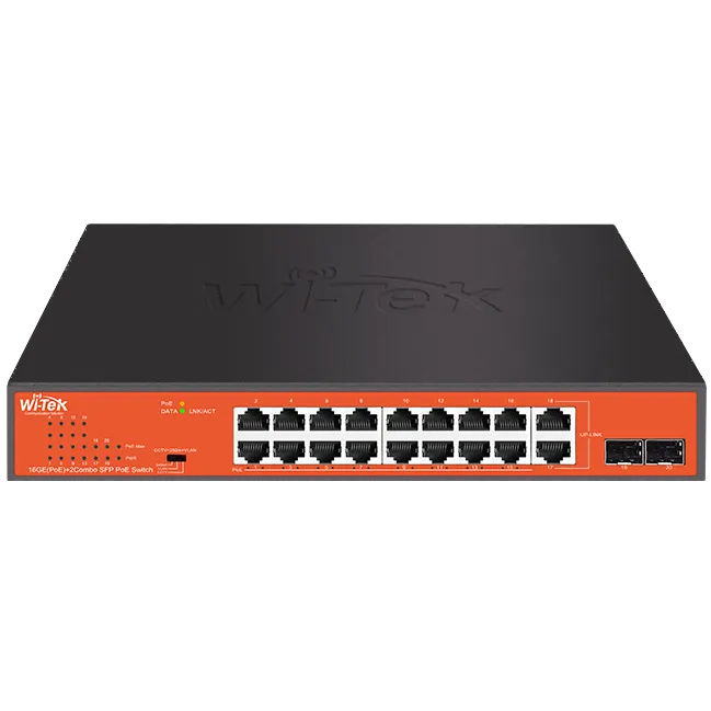 WI-TEK - WI-PS318GFH Rackmount Switch με 16 θύρες PoE στα 1000Μbps, 2 θύρες uplink Combo SFP. Λειτουργία VLAN. Τροφοδοσία 200W
