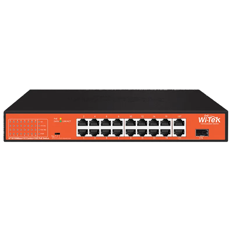 WI-TEK - WI-PS518GH Rackmount Switch με 16 θύρες PoE (250 μέτρα), 1 θύρα uplink και 1 θύρα Combo SFP. Λειτουργία VLAN. Τροφοδοσία 150W