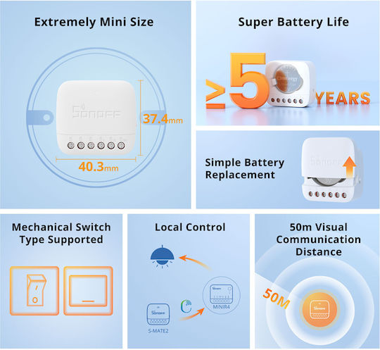 Sonoff S-MATE2 - Έξυπνος Ενδιάμεσος Διακόπτης Wi-Fi (Χωρίς Ουδέτερο) (Μπαταρίας) - Εικόνα 3 από 8