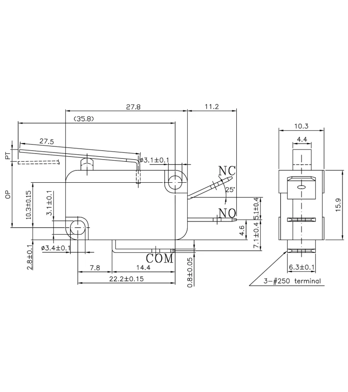 MICRO SWITCH Λαμάκι Κανονικό VMN-15S ZPY (15A/250VAC) - Εικόνα 2 από 2