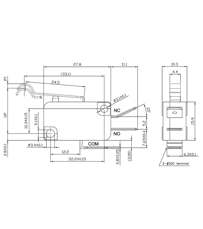 MICRO SWITCH Λαμάκι Γυριστό VM-05S-04C0-Z ZPY (24.5mm) - Εικόνα 2