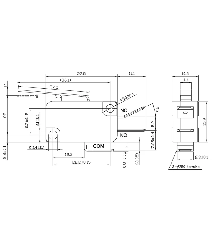 MICRO SWITCH Λαμάκι Κανονικό VM-05S-02C0-Z ZPY (27.5mm) - Εικόνα 2 από 2