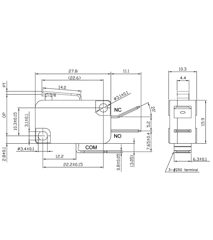 MICRO SWITCH Λαμάκι Κοντό VM-05S-01C0-Z ZPY (14mm) - Εικόνα 2 από 2